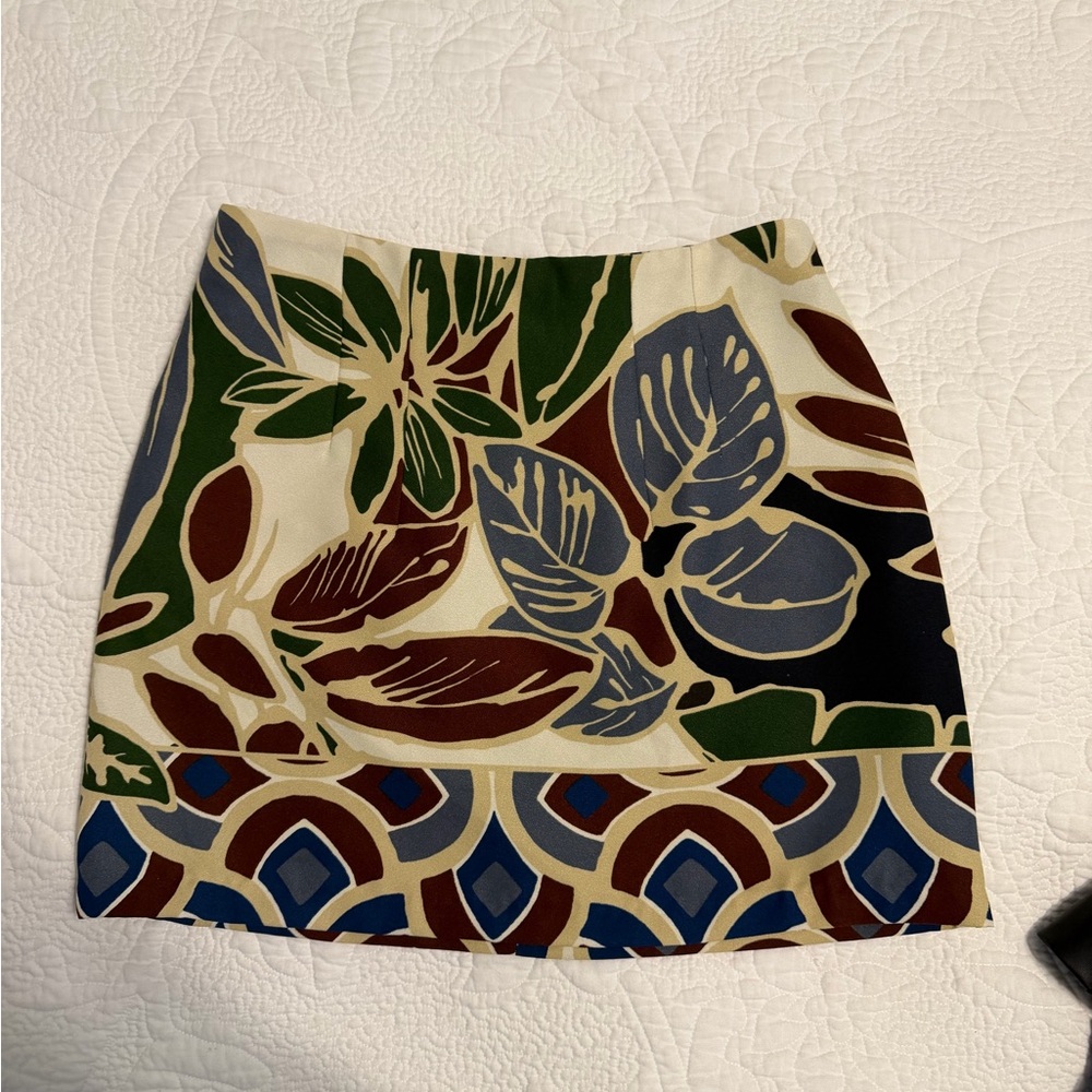 Zara Cream Mini Skirt with Blue, Green & Brown Botanical Print